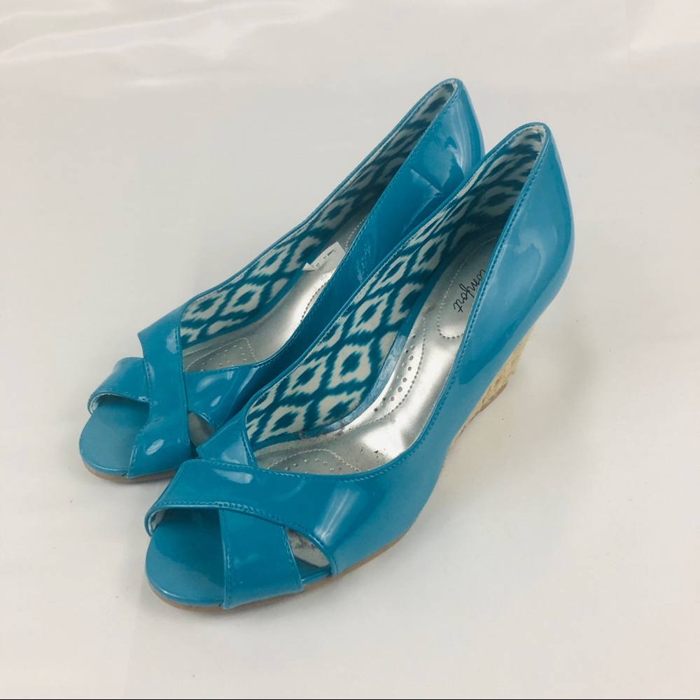 NWT Deflex Comfort Open Toed Wedges Teal Size 7